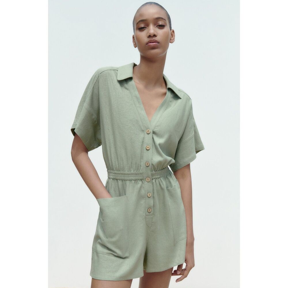 ZARA LINEN BLEND SHIRT STYLE SHORT JUMPSUIT - Picture 3 of 6